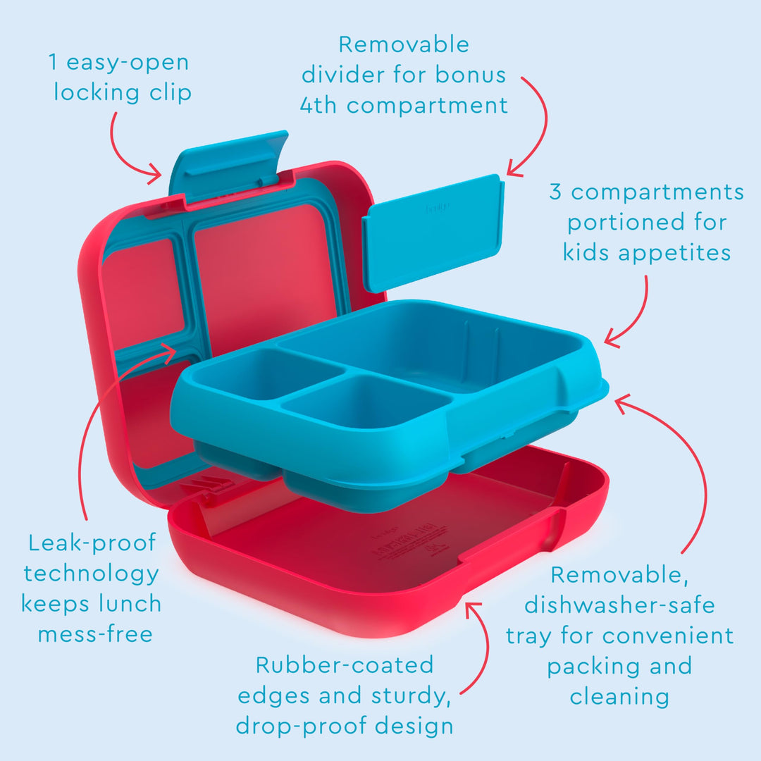 Pop - Leak-Proof Lunch Box & Removable Divider for Ages 8+ & Teens - Lunch Container Holds 5 Cups of Food; 3-4 Compartments; Microwave/Dishwasher Safe; 2 Year Warranty (Flame Red/Turquoise)