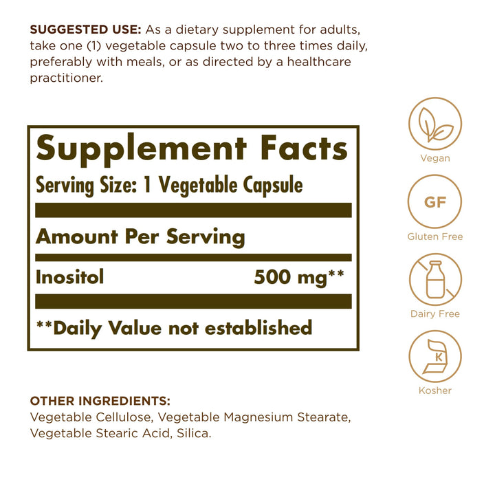 Solgar Inositol 500 mg - 100 Vegetable Capsules - Supports Cellular Function & Brain Health - Vegan, Gluten Free, Dairy Free, Kosher - 100 Servings