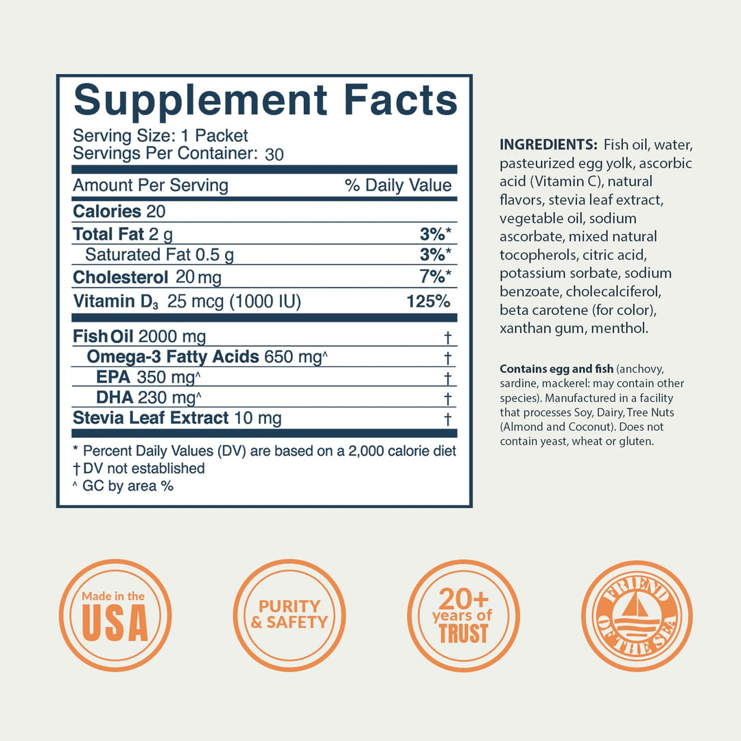 Kids Omega 3 Fish Oil Supplement, 650mg of Omega-3s, Tropical Orange + Vitamin D, 30 Single Serve Squeeze Packets