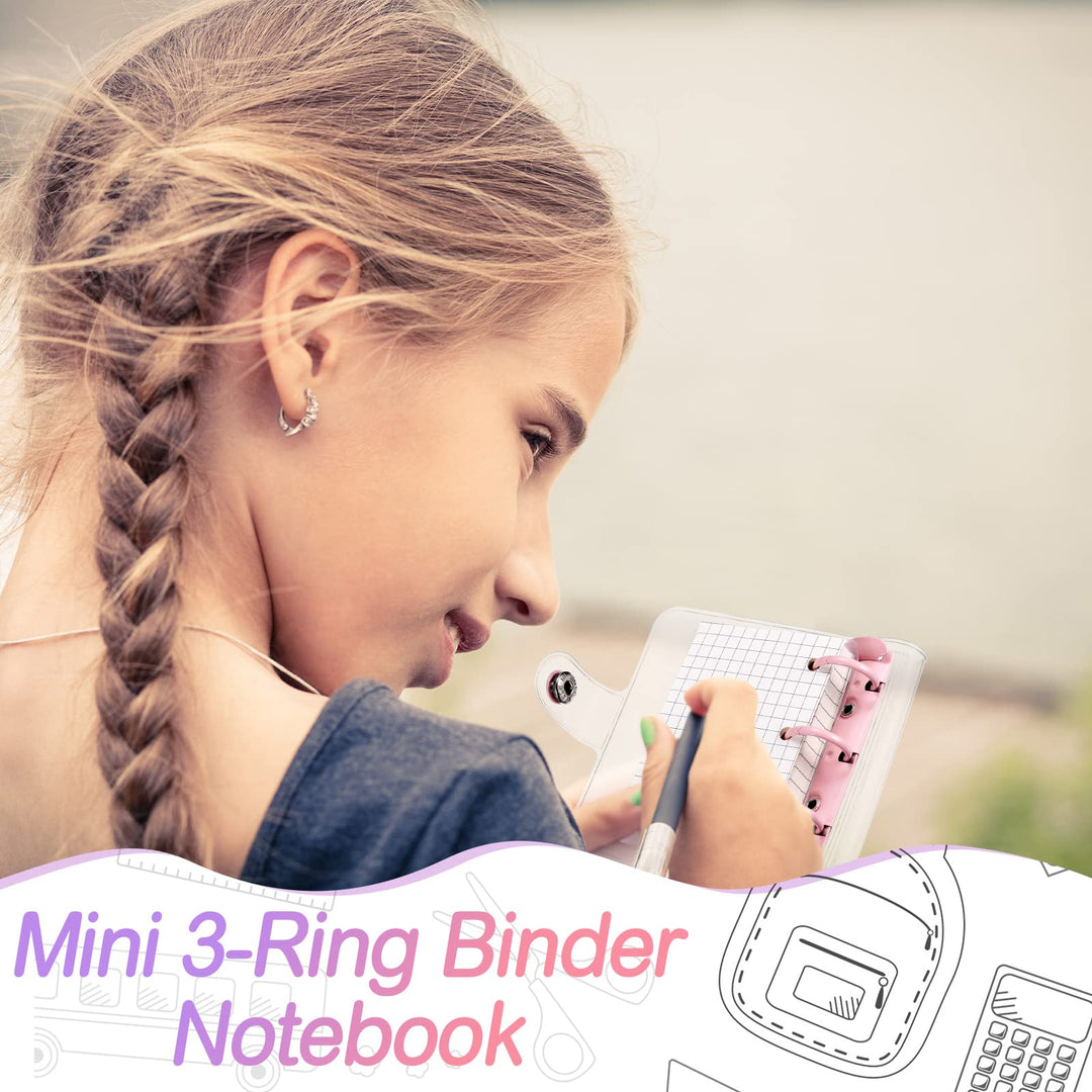 2 Sets Mini Transparent 3 Ring Binder Covers with Mini Binder Inner Paper Pockets Clear Soft PVC Notebook Closure Loose Leaf Folder Round Ring Binder Cover Protector with Snap Button (Pink, Purple)