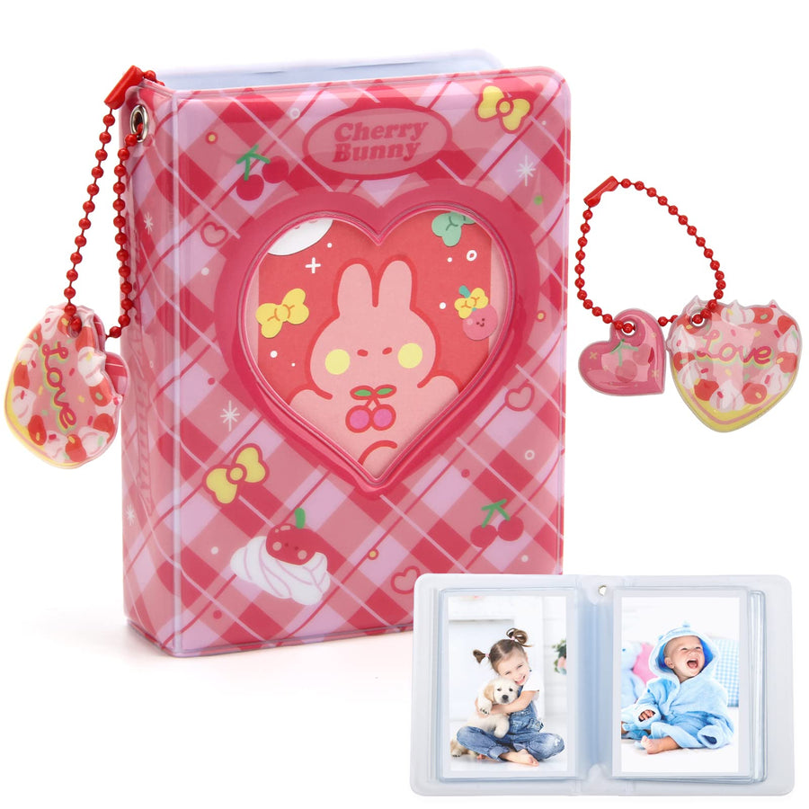 3 Inch Mini Photo Album, Kpop Photocard Holder Book 40 Pockets With Heart Cherry Pendant and Rabbit Card, Love Heart Hollow Out Photocard Binder For Collecting Picture(Red)