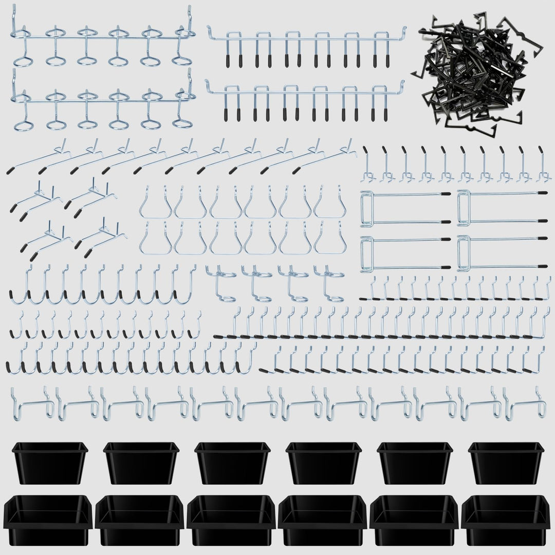 248PCS Pegboard Accessories Organizer Kit, Pegboard Bins, Pegboard Set for Tools, 1/8 and 1/4 inch Pegboard Hooks Assortment, Pegboard Bins, Metal Hooks for Hanging Storage (All Black)