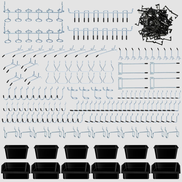 248PCS Pegboard Accessories Organizer Kit, Pegboard Bins, Pegboard Set for Tools, 1/8 and 1/4 inch Pegboard Hooks Assortment, Pegboard Bins, Metal Hooks for Hanging Storage (All Black)