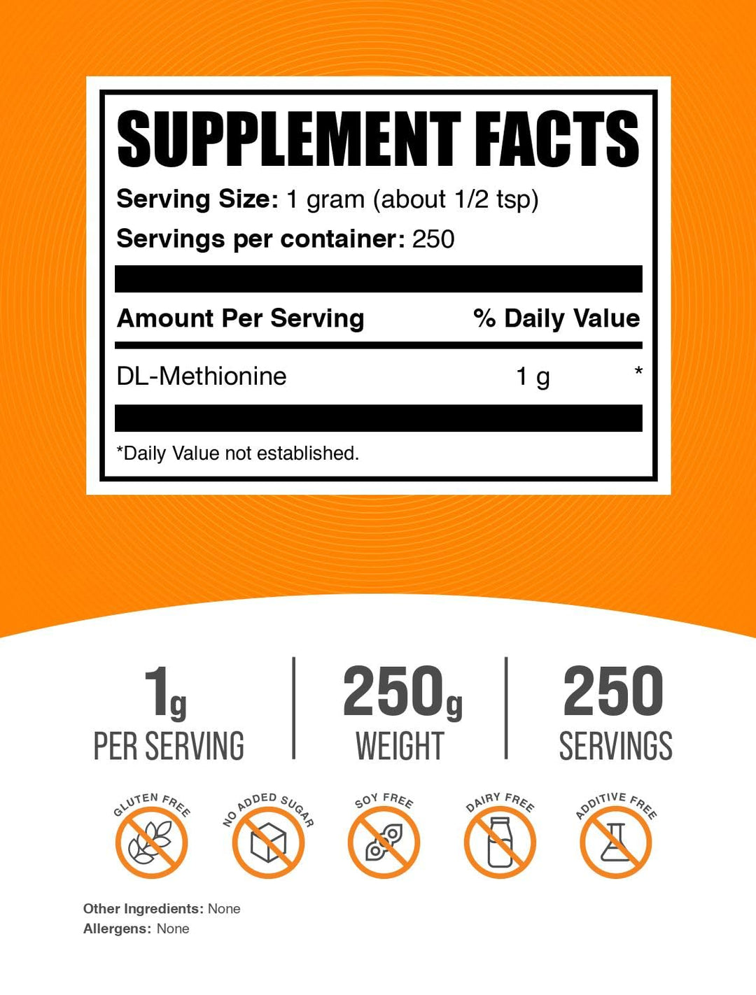 .com DL-Methionine Powder - Methionine Supplement, Amino Acids and Choline Supplement - Gluten Free, 1000mg per Serving, 250g (8.8 oz) (Pack of 1)