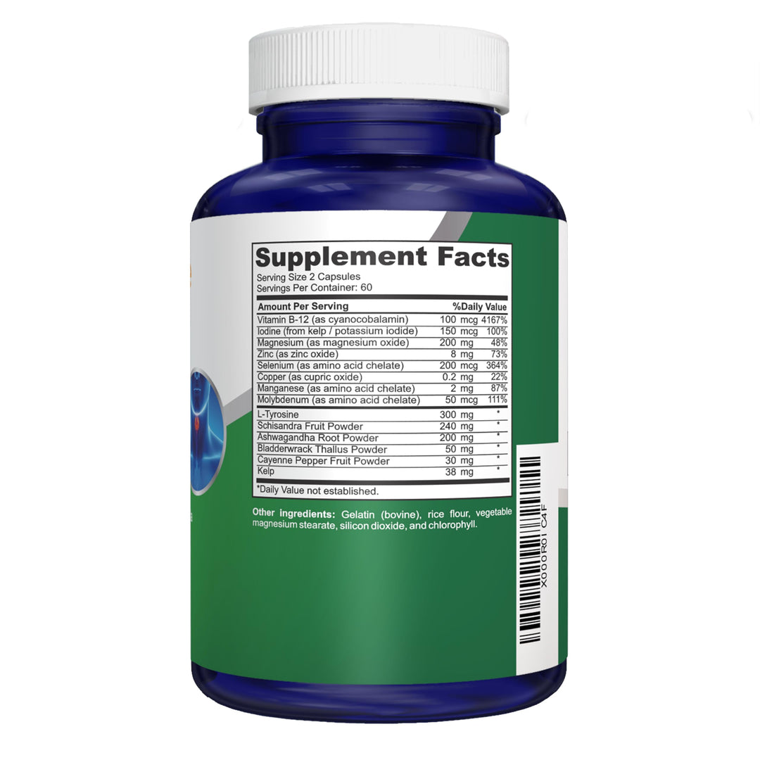 Thyroid Support Supplement (Non-GMO) 120 caps, Ashwaganda, Iodine, Zinc, kelp, Vitamin B12, L-Tyrosine, Selenium, Copper
