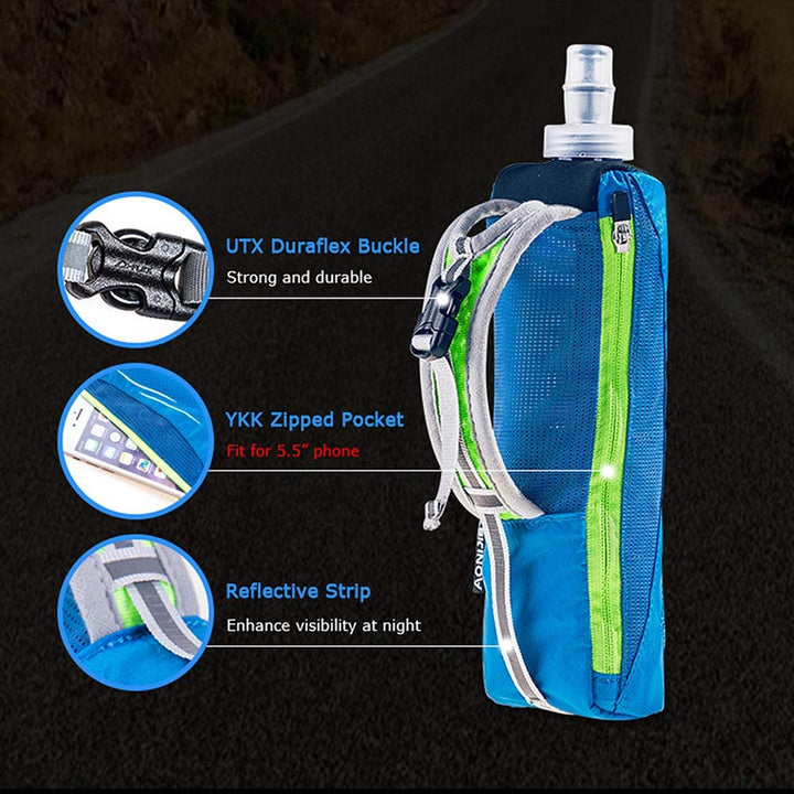 Quick Grip Handheld Soft Water Bottle for Running, Hand Strap Hydration Pack with 500ml Handheld Soft Flask Water Bottle (Blue)