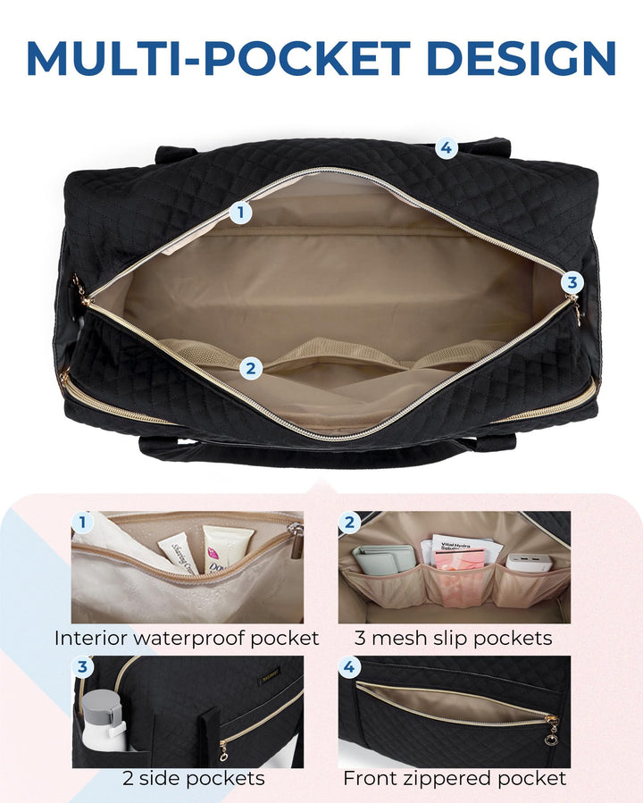 Travel Duffle Bag 31L Quilted Weekender Overnight Bag for Women with Laptop Compartment, Large Carry On Airport Bag with Wet Pocket & Shoe Bag for Travel, Business Trips, Sports(Black)