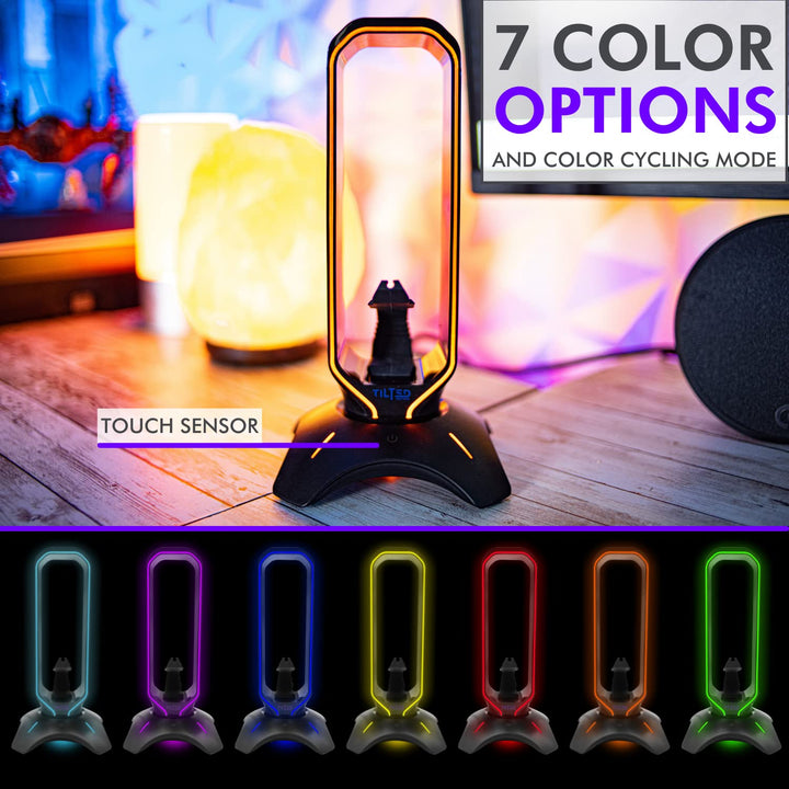 RGB Headset Stand and Gaming Headphone Stand for Desk Display with Mouse Bungee Cord Holder with USB 3.0 Hub for Xbox, PS5, PC - Perfect Gaming Accessories Gift