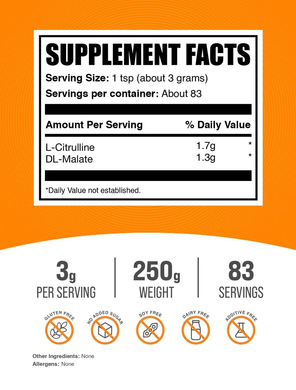 .com L-Citrulline Malate 2:1 Powder - L Citrulline Malate Supplement, Citrulline Malate Powder - Unflavored & Gluten Free - 3g per Servings, 83 Servings, 250g (8.8 oz)