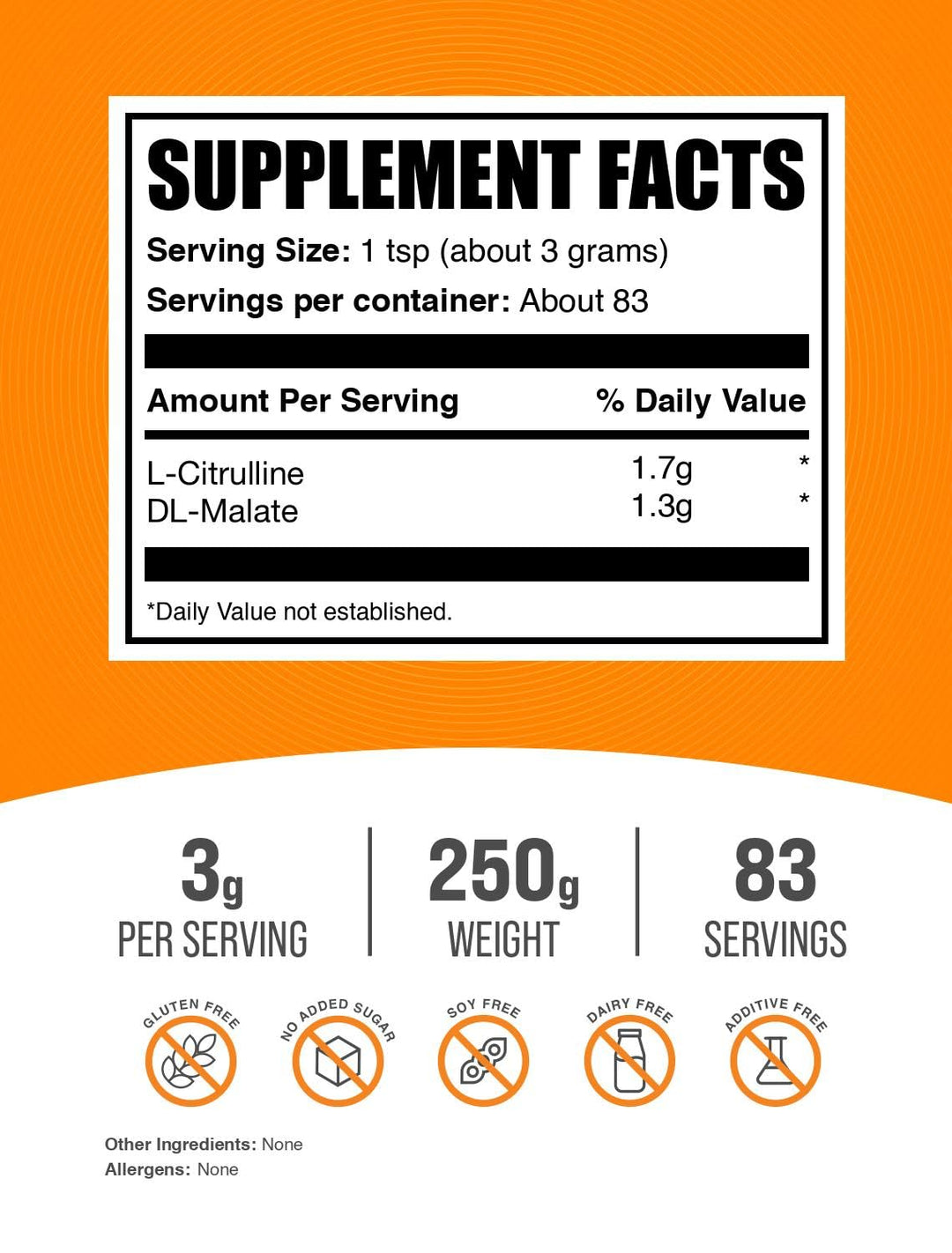 .com L-Citrulline Malate 2:1 Powder - L Citrulline Malate Supplement, Citrulline Malate Powder - Unflavored & Gluten Free - 3g per Servings, 83 Servings, 250g (8.8 oz)