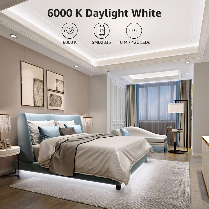LED Strip Light, 32.8Ft Dimmable Vanity Lights, 6000K Super Bright LED Tape Lights, 420 LEDs SMD 2835, Strong 3M Adhesive, Suitable for Home, Kitchen, Under Cabinet, Bedroom, Daylight White