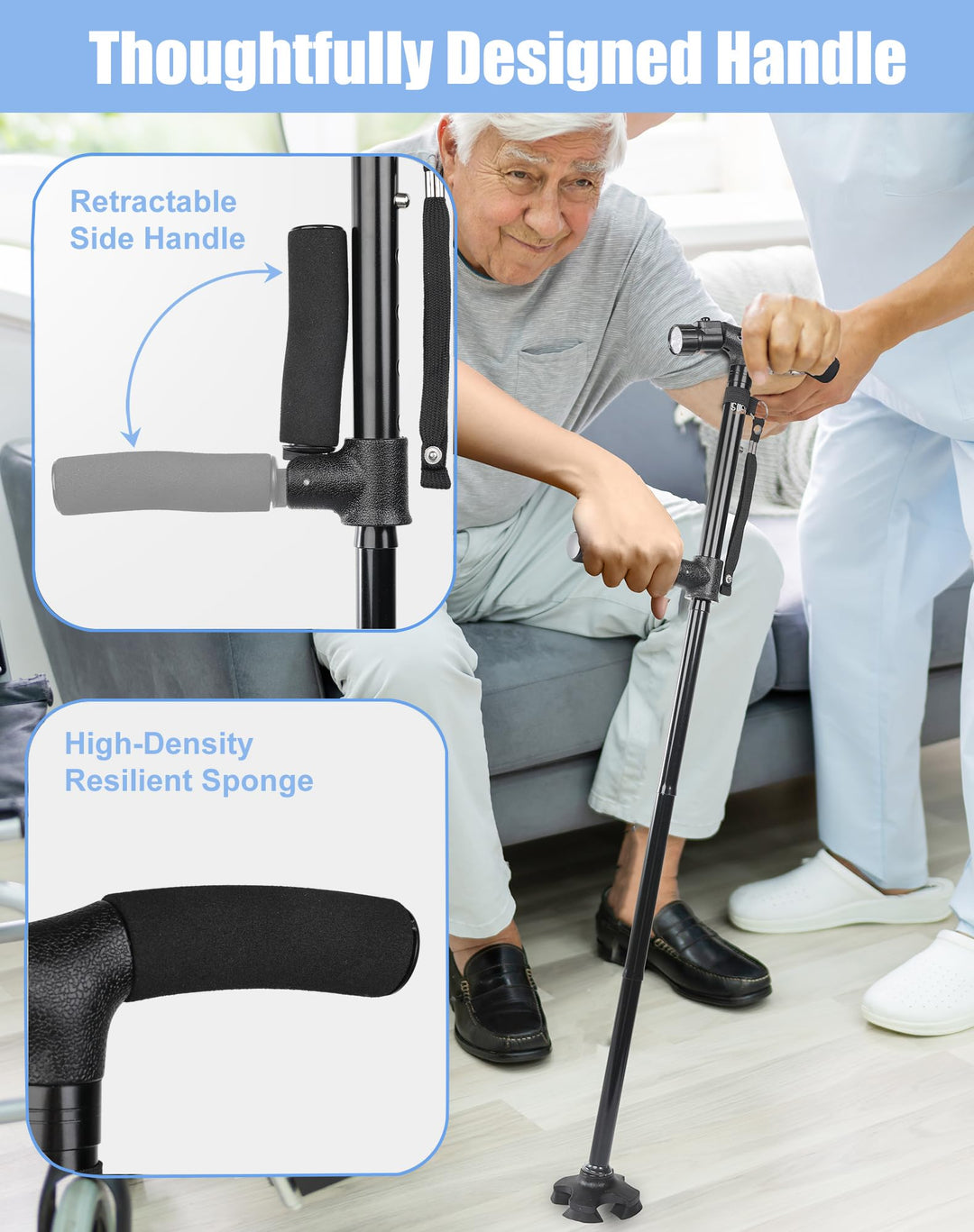 Folding Walking Cane with LED Light for Men and Women, 5 Heights Adjustable, Collapsible Elderly Walking Stick with Side Handle, Black