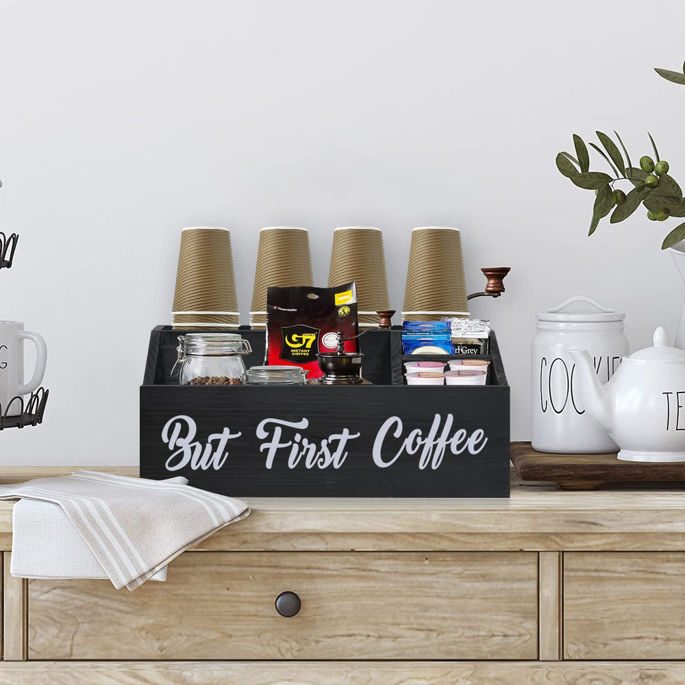 Wooden Coffee Station Organizer, Coffee Bar Accessories Organizer for Counter, Coffee Bar Bin Box, Coffee Pods Holder Storage Basket, Farmhouse Kitchen Decor, Coffee Lovers Gift…
