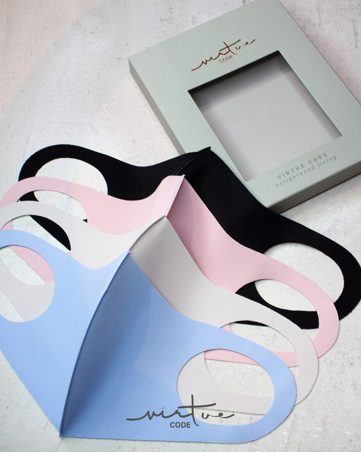 Second Skin Cloth Face Mask Pack. 4 Buttery Soft Masks Washable Fabric - Pink, Baby Blue, Soft Grey and Black Face Mask Reusable. Stretchy, Comfortable, Fresh Facemask.