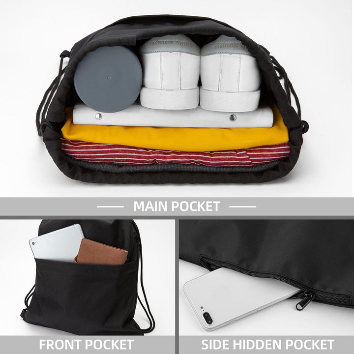 Drawstring Backpack Water Resistant String Bag Sports Sackpack Gym Sack with Side Pocket for Men Women - Black