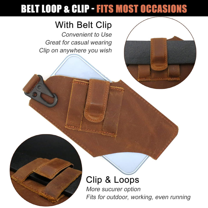 Leather Cell Phone Holster for Men Belt Phone Pouch Cell Phone Belt Holder, Perfect for Father Birthday Valentine Gift for Husband Boyfriend, Brown, with Clip Ring