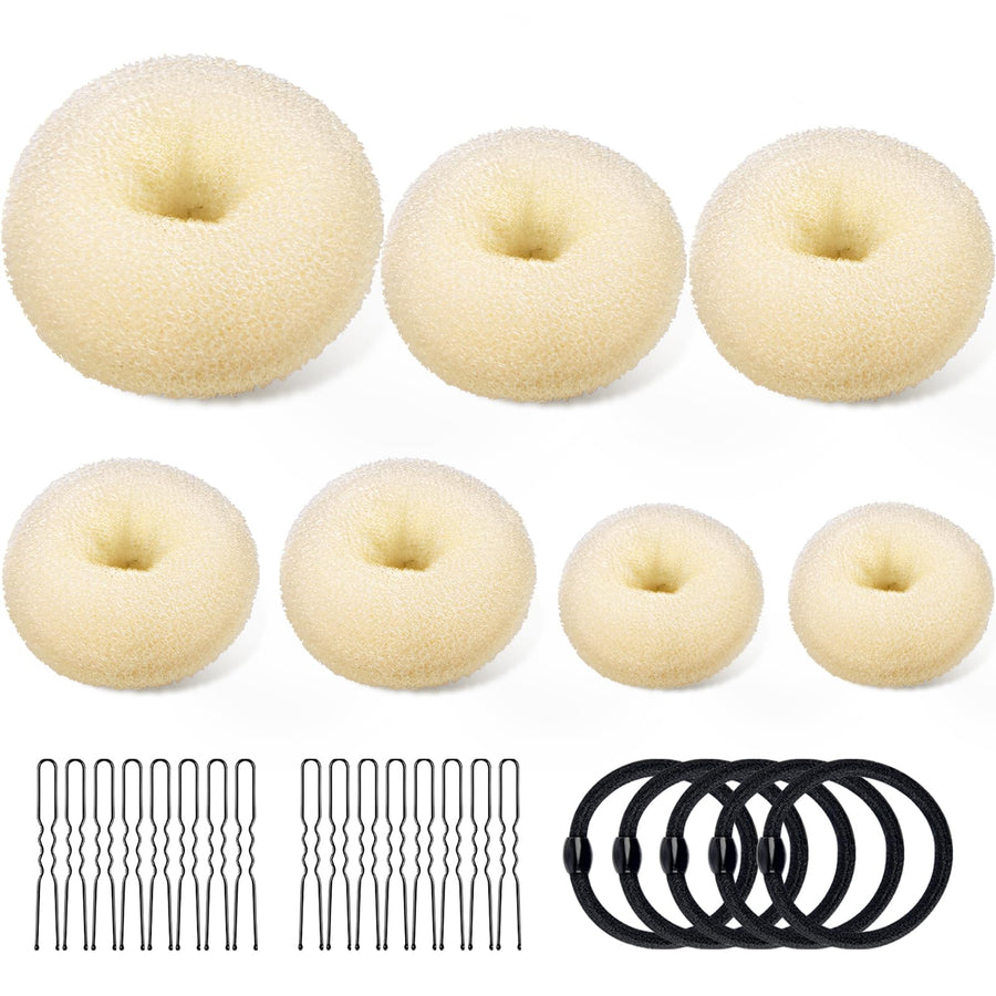 7Pcs Golden: Donut Hair Bun Maker, Tsmaddts Hair Ring Styling Accessories Kit With 5 Hair Elastic Bands & 20 Bobby Pins & 7 Buns For Chignon Hair Styles (2 Small 2 Medium 2 Large