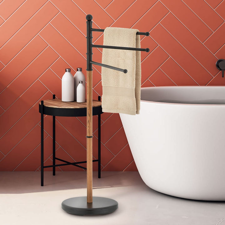 40 Inch Black Steel Freestanding Bathroom Towel Rack with 3 Swivel Arms and Oak Wood-Tone Finish, Indoor and Outdoor Pool Spa Towel Holder