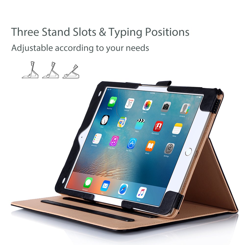 for iPad Pro 9.7 Case 2016 (Old Model), PU Leather Stand Folio Cover for iPad Pro 9.7 Inch (A1673/A1674/A1675) with 3 Viewing Angles & Pencil Holder & Document Card Pocket -Black