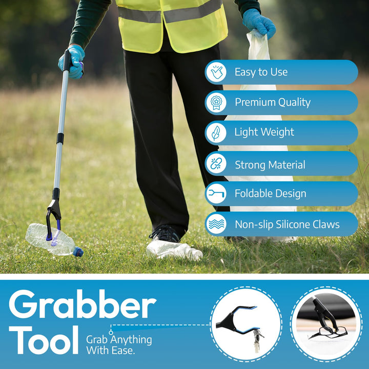 PowerGrip T9, Grabber Reacher Tool, Wide Jaw, Foldable, Steel Cable, with 96 Grip Points for Firm Grip, 32 with Magnet