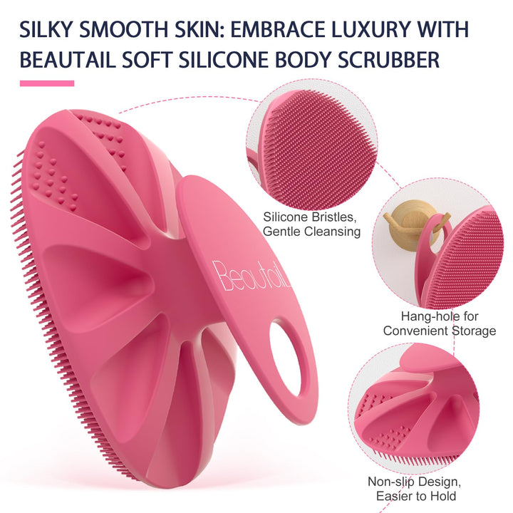 Silicone Body Scrubber Shower Bath Wash Brush Gentle Exfoliating Scrub Cleansing Loofah for Women Men Baby Sensitive Skin, Easy to Clean, Lather Nicely, More Hygienic, 1 Pack, Pink