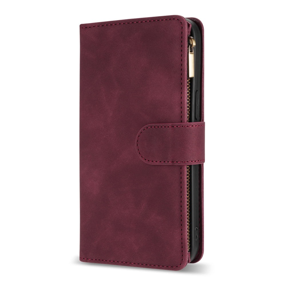 for iPhone 12 Case Wallet,iPhone 12 Pro Wallet Case with Card Slot Premium Soft PU Leather Zipper Folio Wallet with Wrist Strap Kickstand Protective for iPhone 12 Wallet Case(Wine Red 6.1 inch)