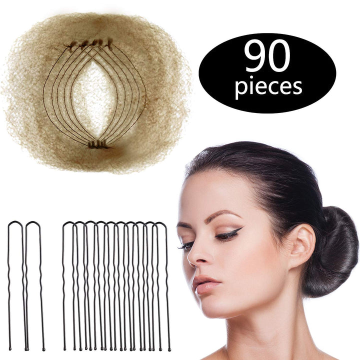 Hair Nets Invisible Elastic Edge Mesh and U Shaped Pins Set, 50 Pieces 50cm Individual Package Invisible Hair Nets, 40 Pieces U Shaped Pins for Women Bun (Light Linen)