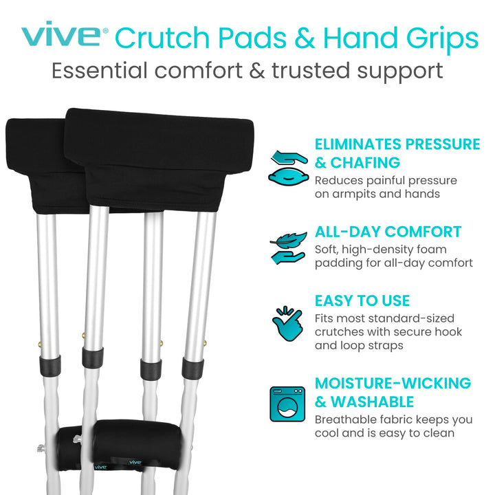 Premium Crutch Pads & Hand Grips - Comfortable, Breathable, Machine Washable Padding - Moisture Wicking & Odor Reducing Pillow Accessory Covers for Adult & Youth Walking Crutches