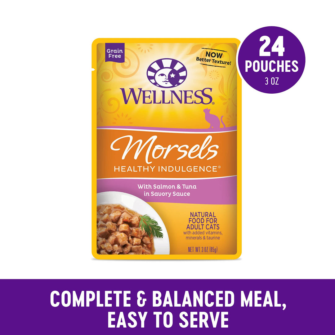 Healthly Indulgence Morsels Adult Wet Cat Food, Natural, Protein-Rich, Grain Free, 3 Ounce Pouch, 24 Pack, (Salmon & Tuna)