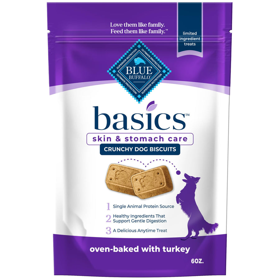 Basics Dog Biscuits, Skin & Stomach Care Crunchy Dog Treats, Turkey Recipe, 6-oz Bag