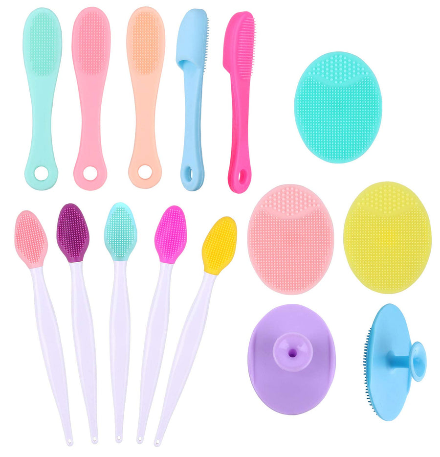 Silicone Facial Cleansing Brush, 5pcs Face Scrubber, 5pcs Nose Blackhead Remover and 5pcs Double-Sided Exfoliating Lip Brush Lip Exfoliator Tool for Sensitive, Delicate, Dry Skin, Set of 15