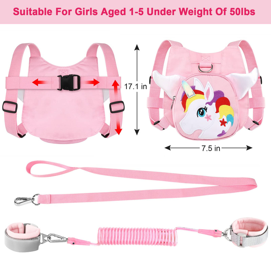 Toddler Harness with Leash + Anti Lost Wrist Link, Unicorn Toddler Harness Leashes, Child Walking Wristband Assistant Strap Belt for Baby Girls
