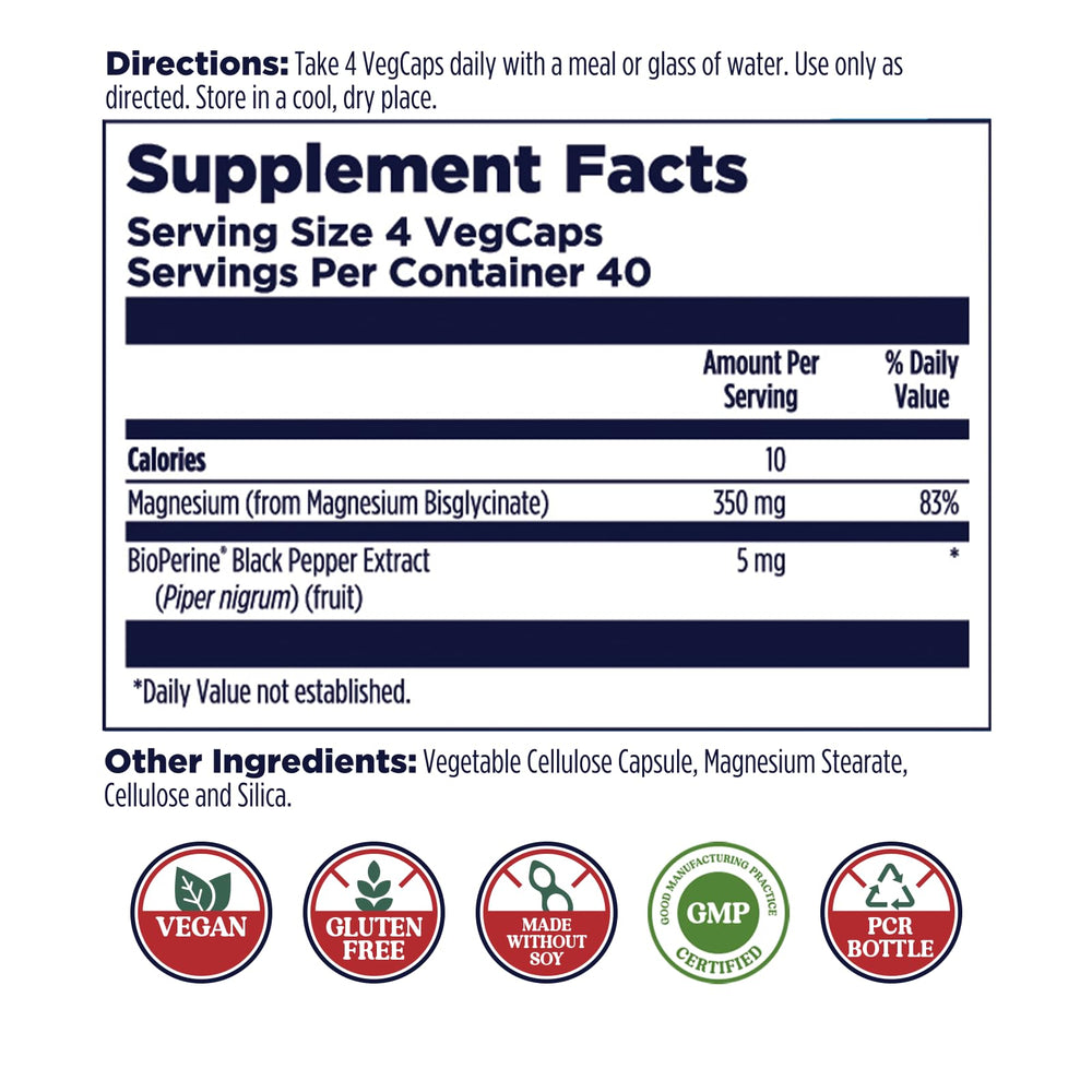 Magnesium Glycinate Capsules, Fully Chelated Magnesium Bisglycinate, High Absorption Magnesium Supplement, Healthy Bones, Muscle, Relaxation and Stress Support, Non-GMO 160 count