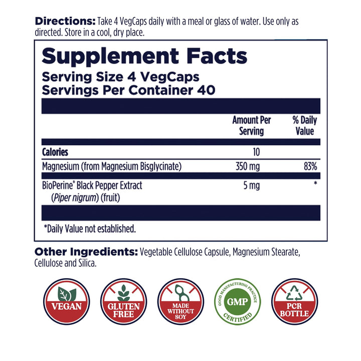 Magnesium Glycinate Capsules, Fully Chelated Magnesium Bisglycinate, High Absorption Magnesium Supplement, Healthy Bones, Muscle, Relaxation and Stress Support, Non-GMO 160 count