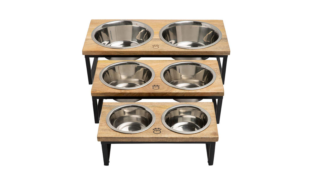 Mango Wood Dog Bowl Stand - Elevated Pet Feeder with 2 Stainless Steel Bowls - Raised Food and Water Dish Set for Dogs and Cats, Available in 4 Sizes, Pet Dining Station, Large/48oz