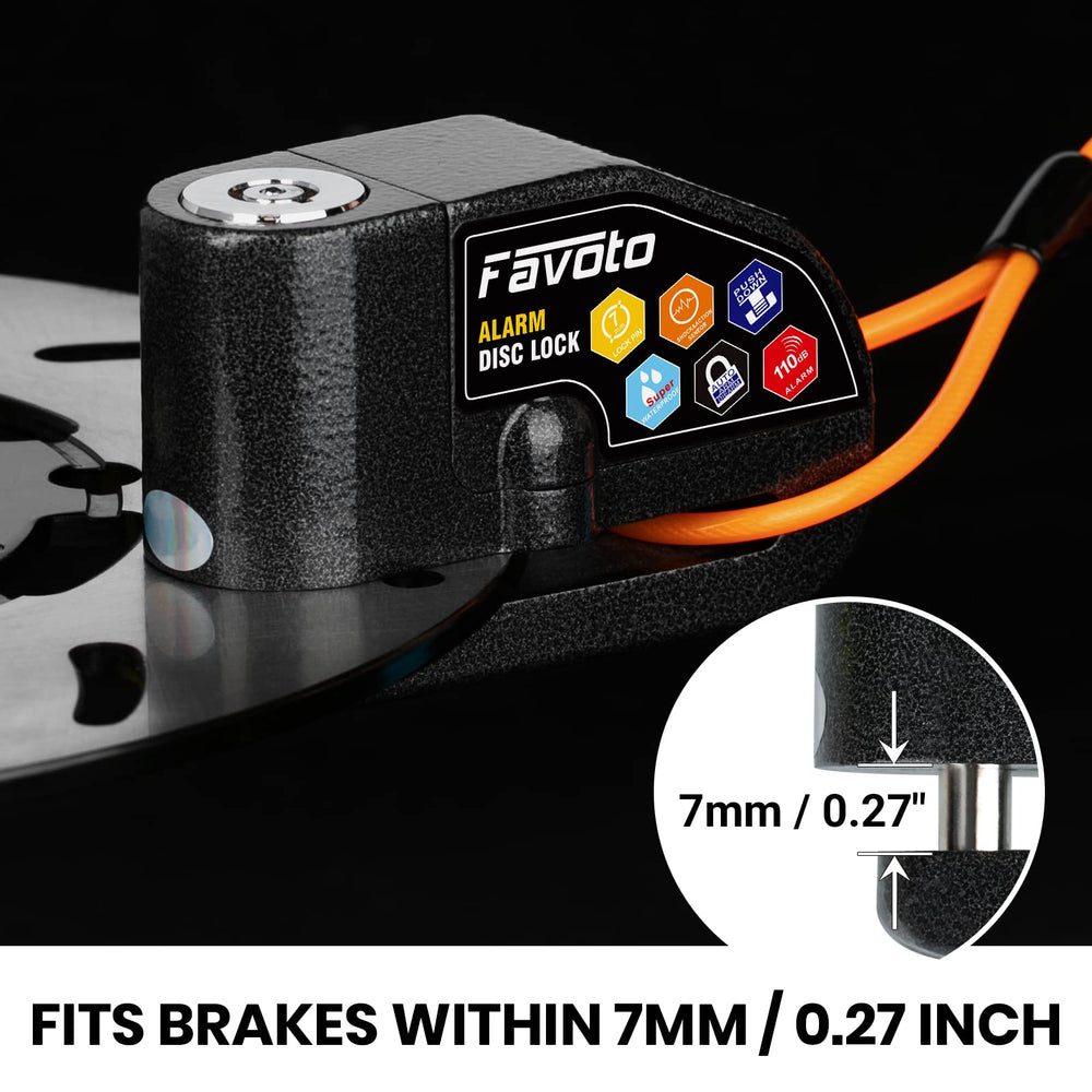 Alarm Disc Lock, 3 Keys and 18 Batteries (5-Year Availability), 110 dB Waterproof Anti-Theft Security Brake Padlock, 7mm Lock Pin with Reminder Cable, Fit for Motorcycle E-Bike Bicycle Scooter