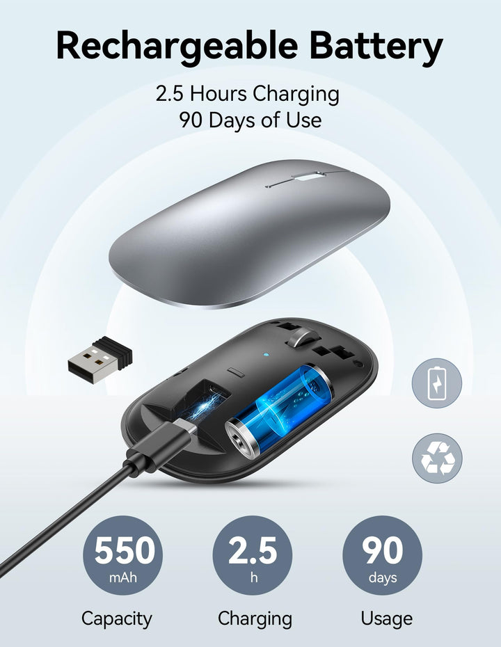 Wireless Mouse, BT5.0/3.0 2.4GHz Silent Computer Mouse with USB Receiver,4000DPI Rechargeable Portable Bluetooth Mouse for Laptop/MacBook/Pro/iPad/Windows