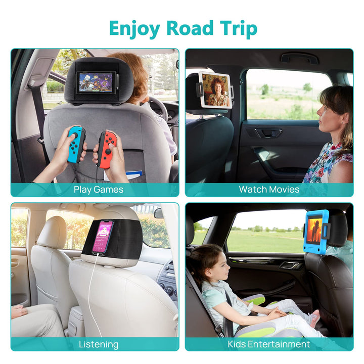 Headrest Tablet Holder, iPad Holder for Car Back Seat, Car Holder Mount for Tablet, iPhone, Fire HD and All 4.7-12.9 Devices, Toddler Travel Essential, 360° Rotatable iPad Headrest Mount