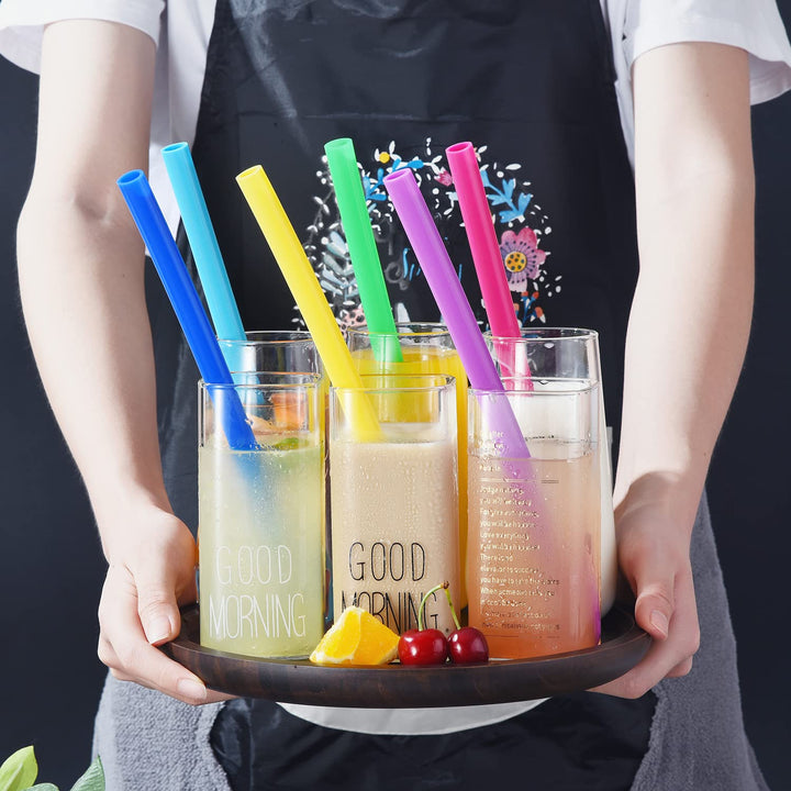 Reusable Boba Smoothie Straws, 10” Long Extra Wide Fat Silicone Straws for Drinking Bubble Tea, Set of 6 with Cleaning Brush
