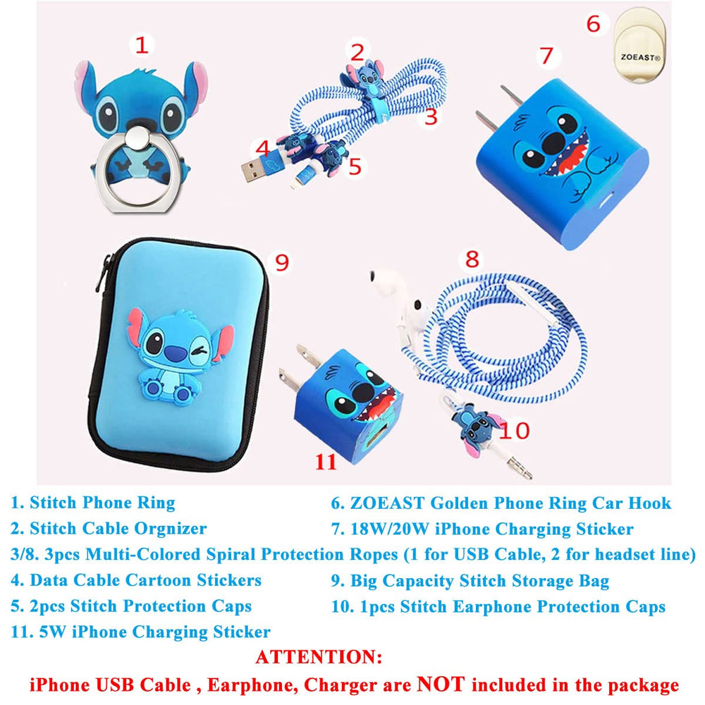 ZOEAST(TM) DIY Animal Cartoon Cable Protector ET 5W/18W/20W USB Charger Saver Charging Data Earphone Line Bite Organizor Compatible with iPhone 15 7 8 X 11 12 13 14 Pro Max USB Wire (Stitch Upgrade)