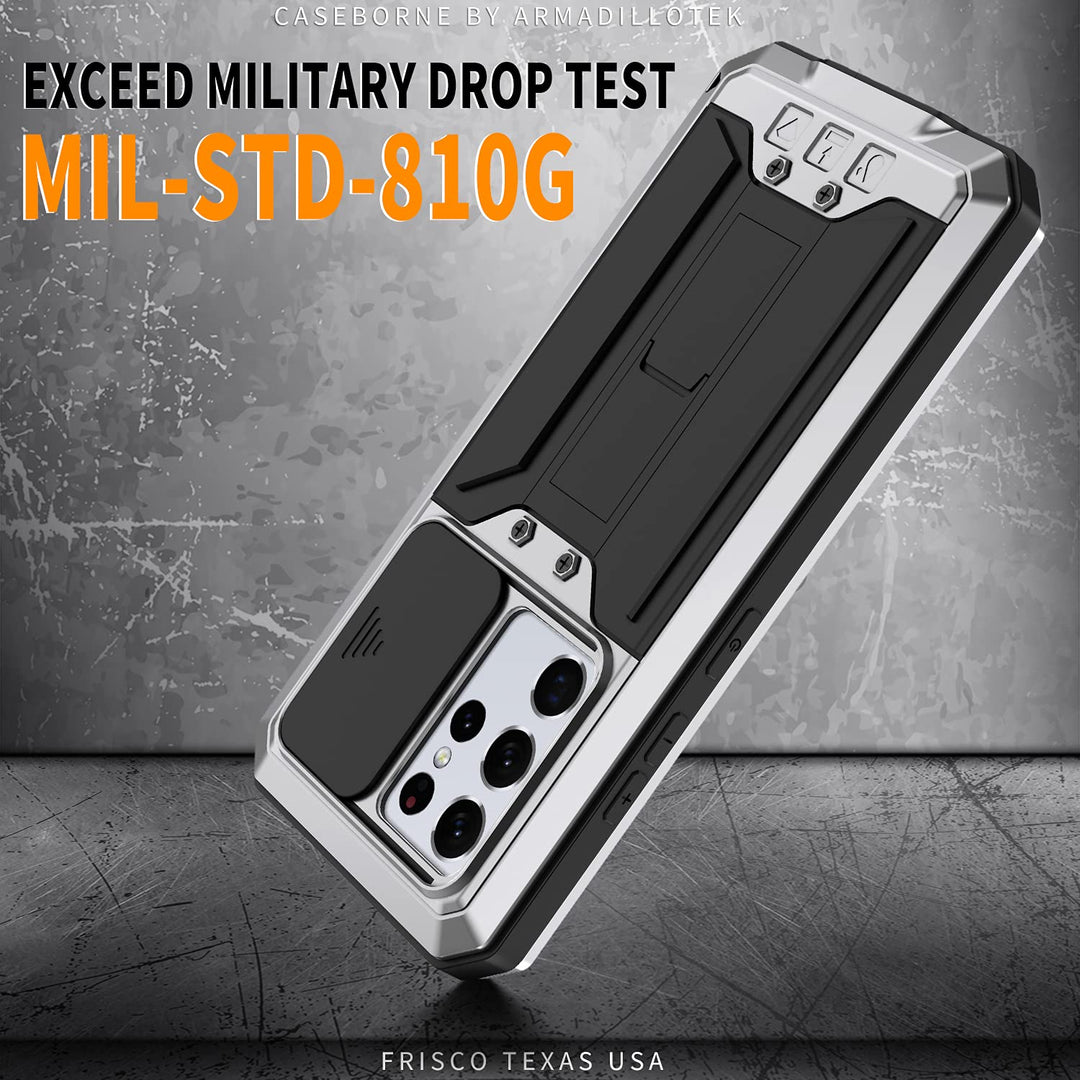 Compatible for Samsung Galaxy S21 Ultra Case, Aluminum Metal Gorilla Glass Shockproof Military Heavy Duty Sturdy Protector Cover Hard Case Silver