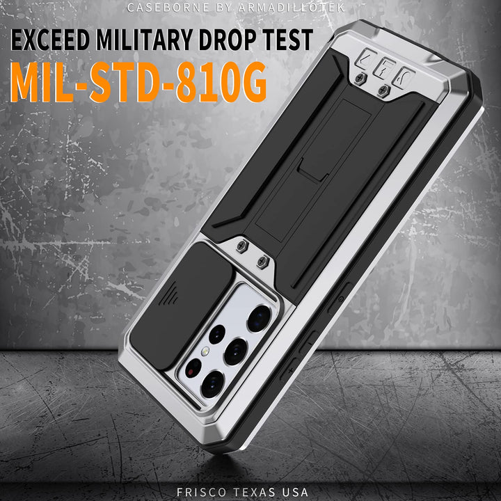 Compatible for Samsung Galaxy S21 Ultra Case, Aluminum Metal Gorilla Glass Shockproof Military Heavy Duty Sturdy Protector Cover Hard Case Silver