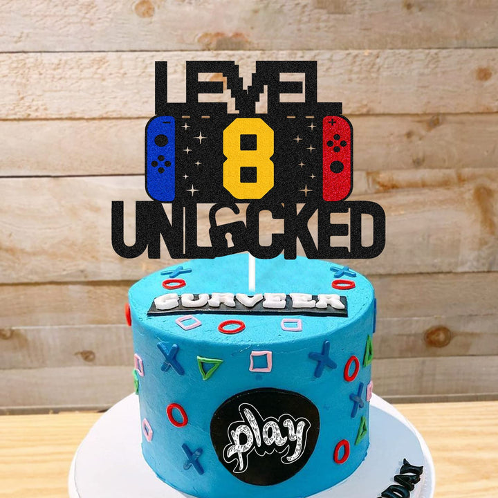 Level 8th Unlocked Sign Cake Topper Happy 8th Birthday Level Up Tenth Cake Decorations for Video Game Controller Themed Boy Girl Bday Party Supplies Double Sided