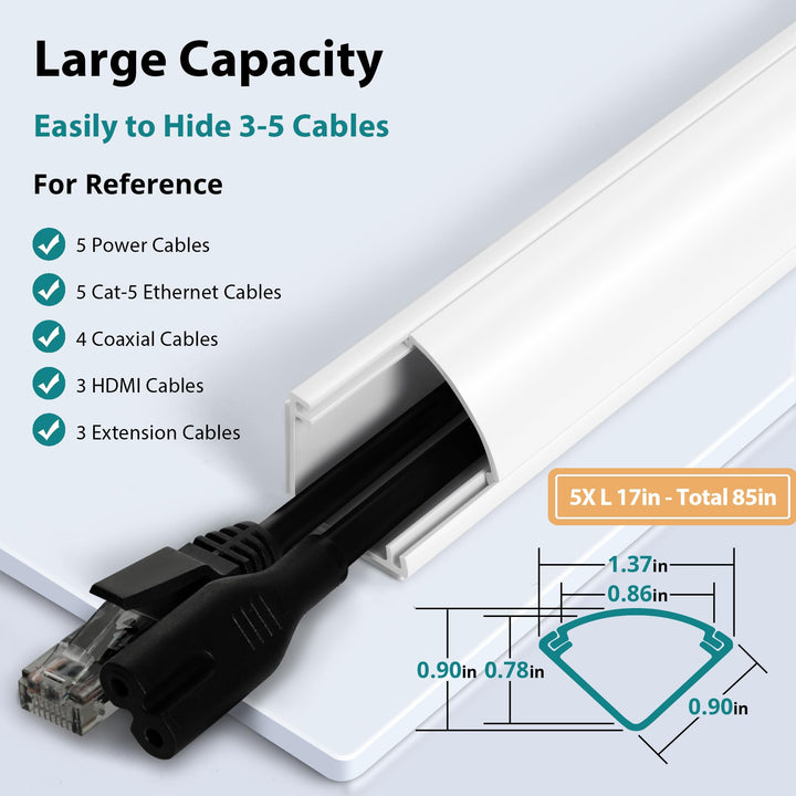 Corner Cable Concealer, 85-inch Corner Cord Cover, Large Capacity Corner Duct, Paintable Cable Management Channel for Floor Baseboard, Ceiling, Wall Corner - 5 X L 17in