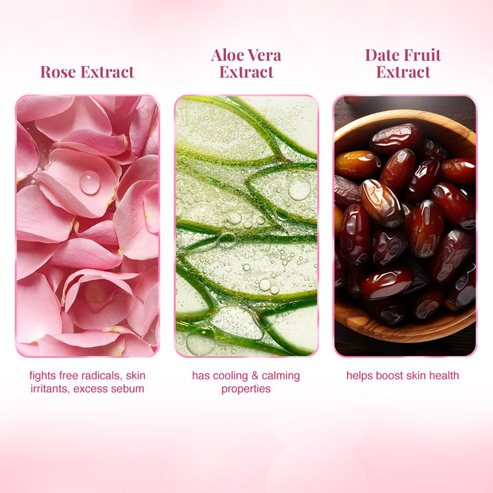 Rose Water Toner - 100ml - Tones & rejuvenates skin | Helps maintain skin's pH balance | Helps tighten the pores and gently tones the skin | With Rose, Aloe vera, Mint, Date fruit.