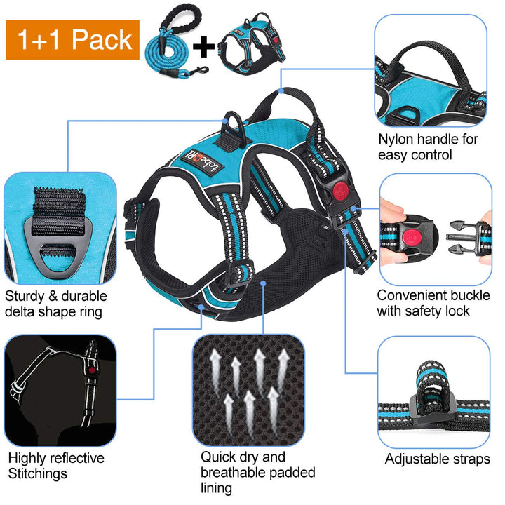 No Pull Dog Harness Adjustable Reflective Oxford Easy Control Medium Large Dog Harness with A Free Heavy Duty 5ft Dog Leash (L (Neck: 18-25.5, Chest: 24.5-33), Blue Harness+Leash)