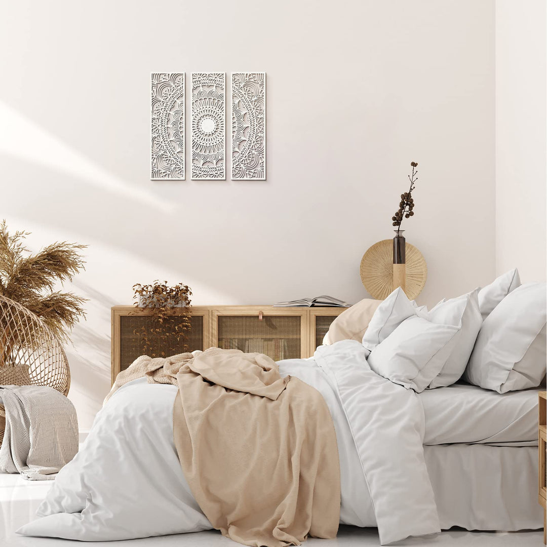 3pcs Mandala Wall Art Carved Wood Wall Art Floral Aesthetic Wooden Plaque Set Wood Carving Wall Decor Farmhouse Modern Cutout Wood Wall Plaque for Home Bathroom Decoration (White, 15.8 x 5.1 Inch)