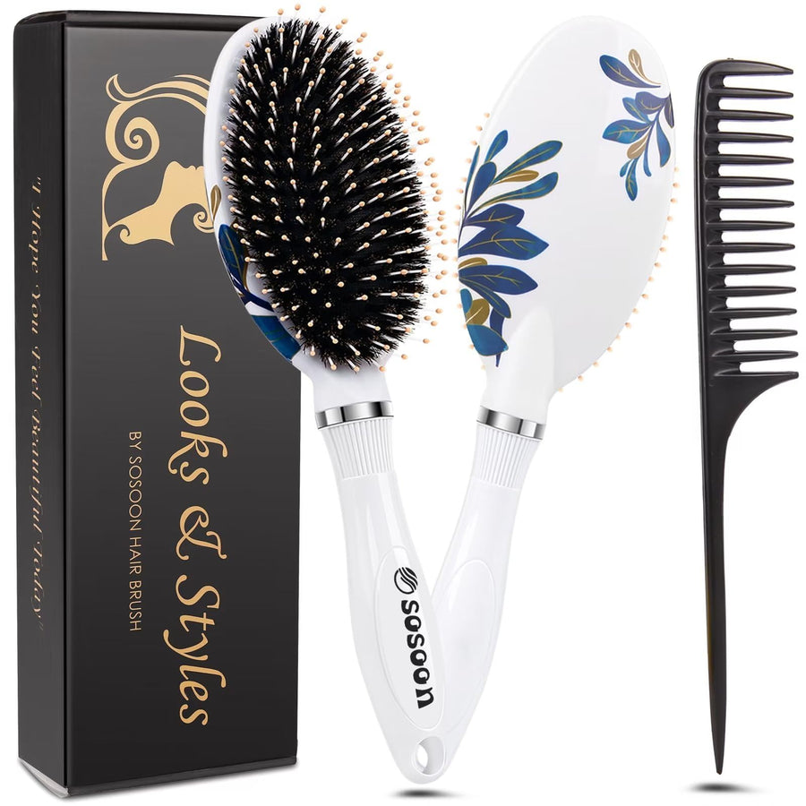 Hair Brush, Boar Bristle Hair Brushes for Women Kids Thick Curly Wet Dry Hair, Smoothing Detangling Hairbrush Adds Shine and Improves Hair Texture, Hair Comb and Giftbox Included