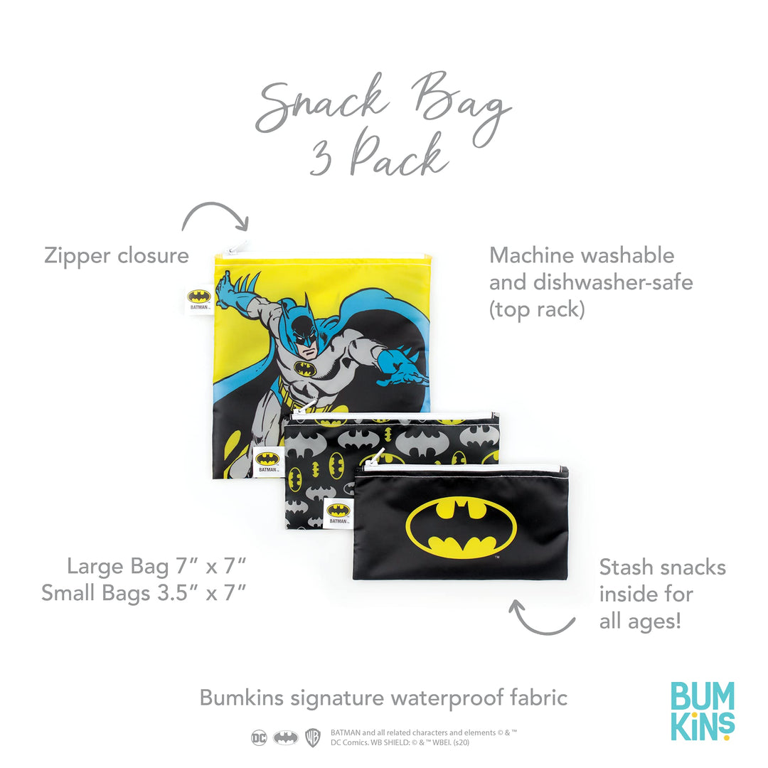 Reusable Sandwich and Snack Bags, for Kids School Lunch and for Adults Portion, Washable Fabric, Waterproof Cloth Zip Bag, Travel Pouch, Food-Safe, 3-pk Batman DC Comics