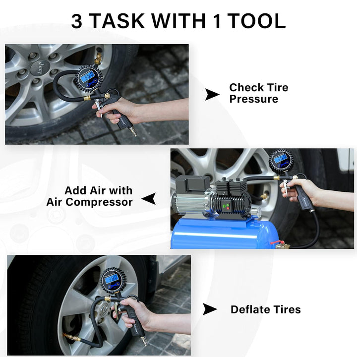 Digital Tire Pressure Gauge, Tire Inflator with Pressure Gauge 200PSI, Heavy Duty Air Chuck, Quick Connect Coupler for Air Compressor, Highly Accurate, Pressure Gauge with Deflator